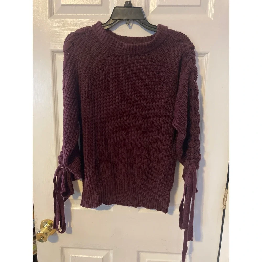 Time and Tru Womens Plum Purple Shaker Knit Lace Up Sleeve Sweater‎ Medium 8-10